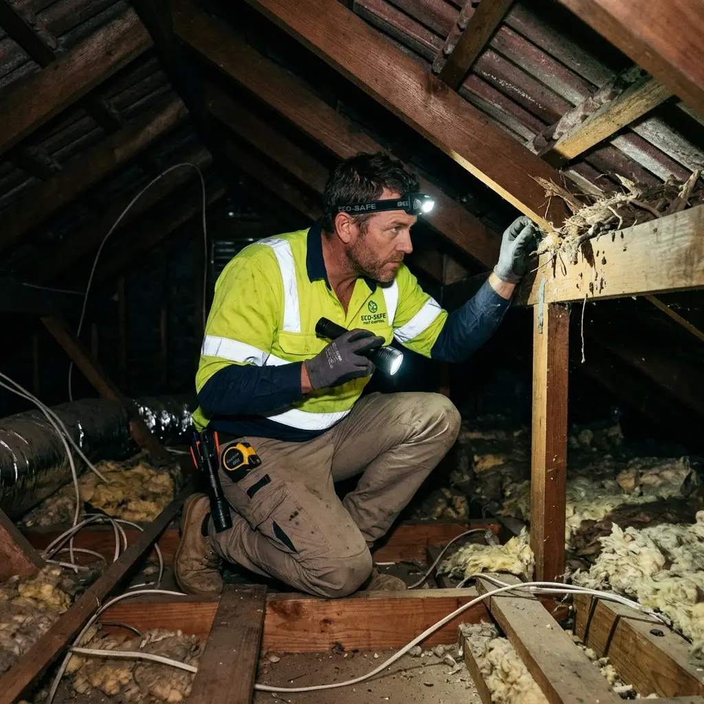 Technician inspecting a roof cavity for a dead animal in Laverton